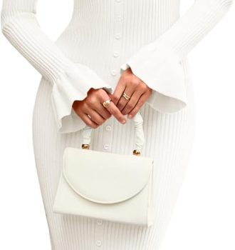 Womens Bell Long Sleeve Sweater Dress Casual Ribbed Knit Ruffle Crewneck Decor Button Bodycon Midi Dresses