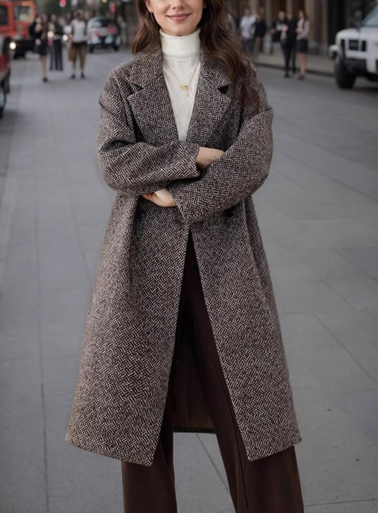 Women's Winter Herringbone Stripe Long Wool Coat Double Breasted Dressy Casual Trench Coat Overcoat - Image 2