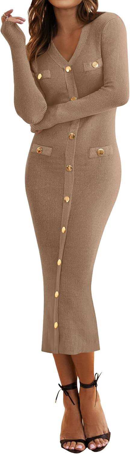 Women's V-Neck Bodycon Sweater Dress 2026 Fall Long Sleeve Button Down Knit Maxi Dress Elegant Long Dresses