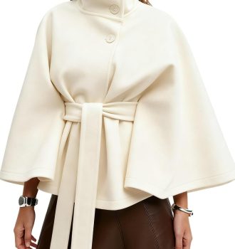 Kinghua Womens Batwing Sleeve Poncho Pea Coats Fall Trendy Stand Collar Belted Cloak Cape Wool Coats Winter Jackets
