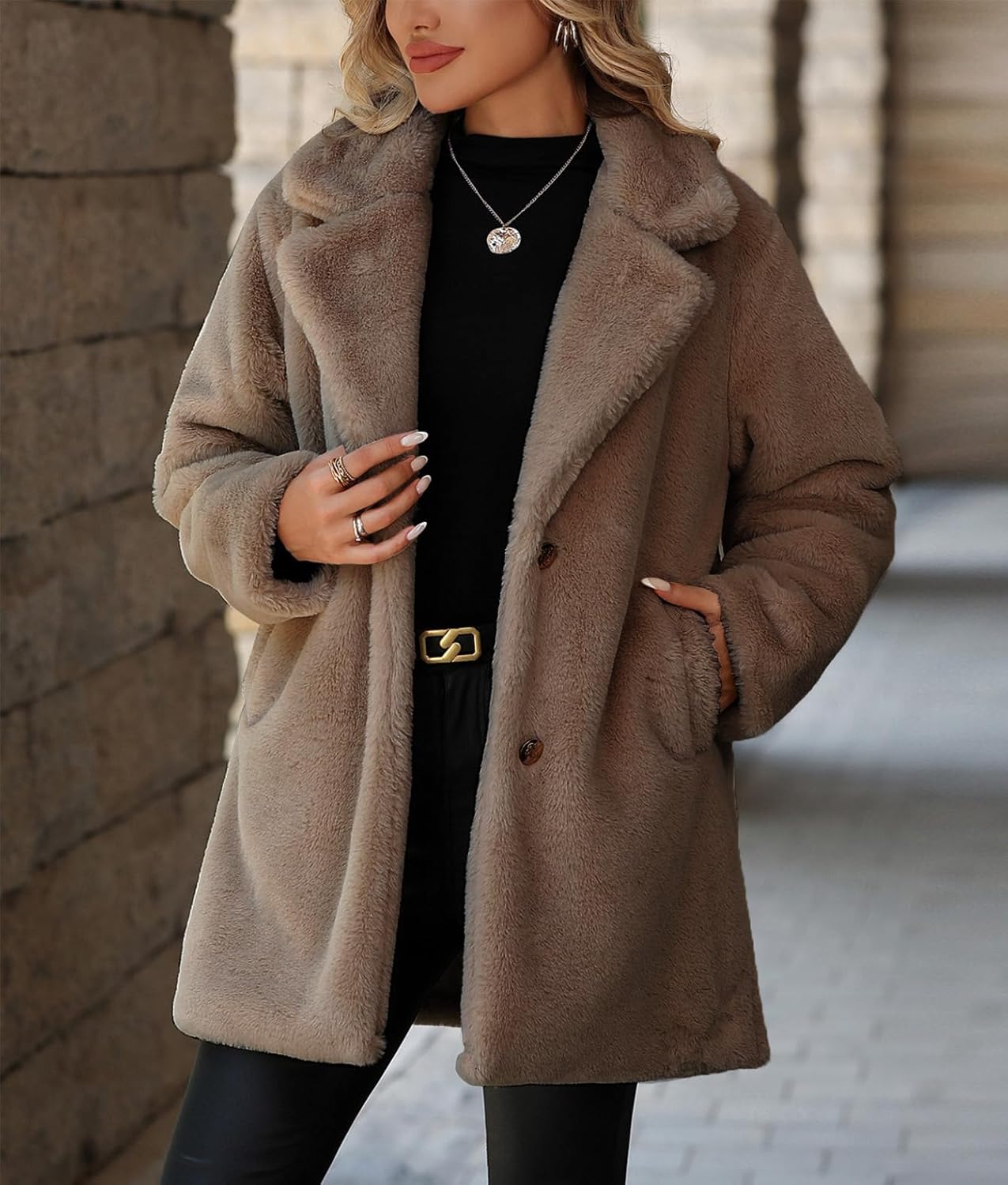 Women's Faux Fur Long Coat Button Down Lapel Fleece Sherpa Jacket - Image 2