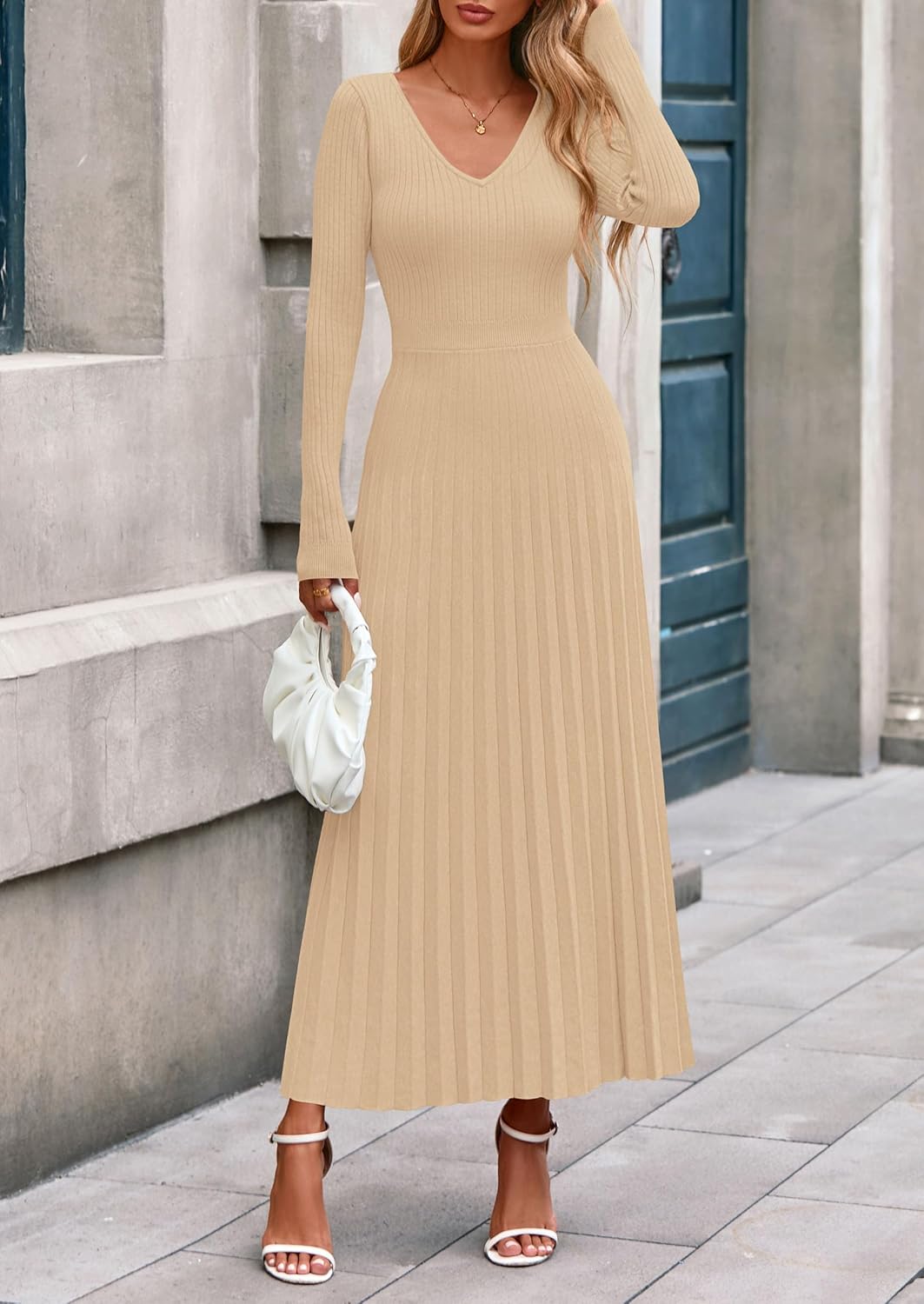 Women Sweater Dress Fall Fashion 2026 Long Sleeve V Neck Ribbed Knit Pleated A Line Elegant Maxi Winter Dresses - Image 2