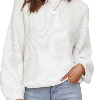 Women Crew Neck Long Lantern Sleeve Casual Loose Ribbed Knit Solid Soft Pullover Sweater Tops