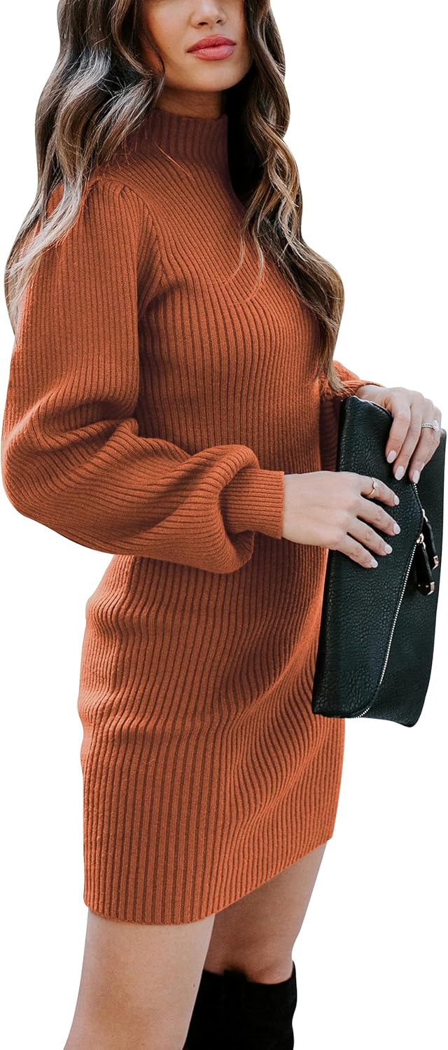Women Long Sleeve Turtle Mock Neck Rib Knit Stretch Slim Fitted Bodycon Sweater Mini Short Dress 2026 Fall Outfits - Image 2