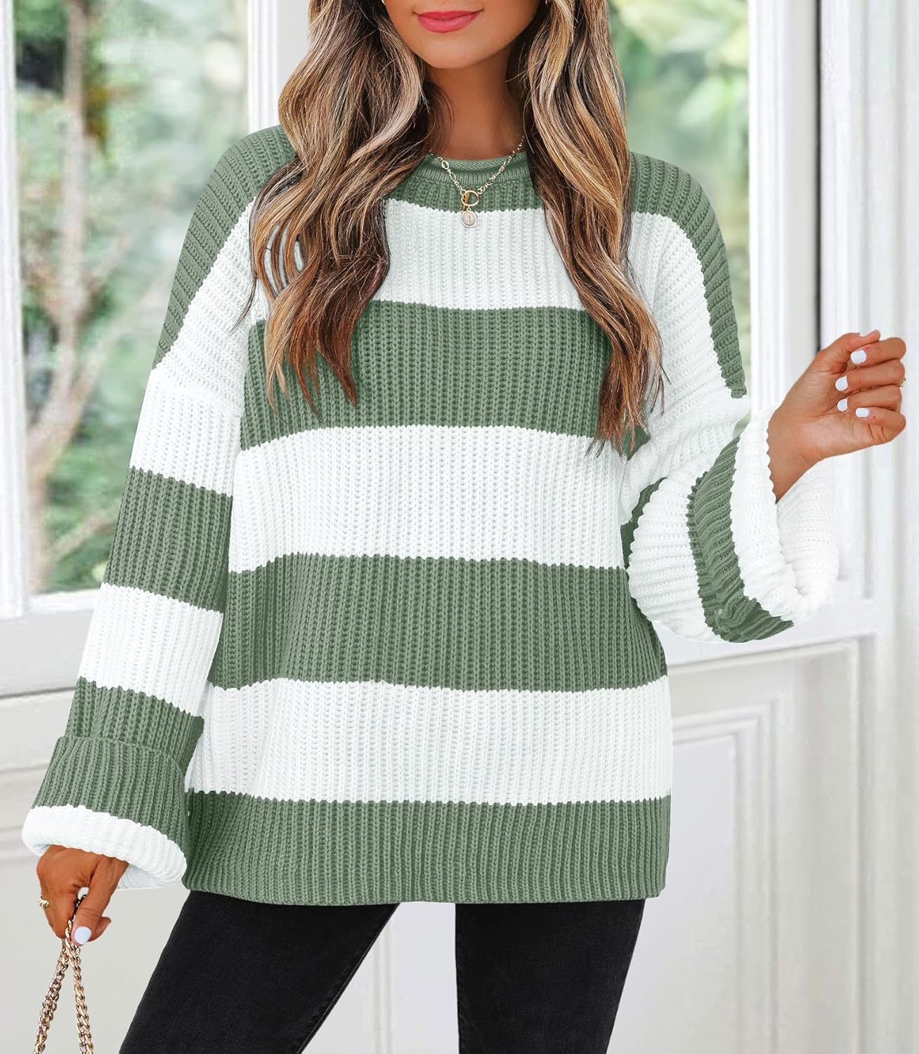 Women Fall Long Sleeve Crew Neck Striped Color Block Comfy Loose Oversized Knitted Pullover Sweater - Image 2