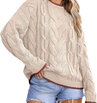 Sweaters for Women Trendy Crewneck Long Sleeve Color Block Sweater Tops Fall 2026 Chunky Cable Knit Pullover Sweaters